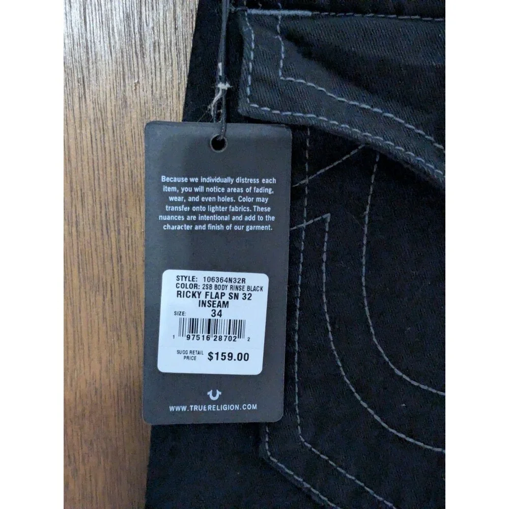 NWT True Religion Ricky Flap Pocket Relaxed Straight Rinse Black Jeans 34x32